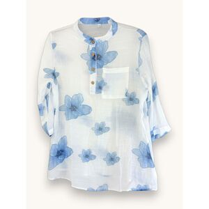 Sheer Blue Floral Blouse Lightweight Boho Cottagecore Button Front Top XL